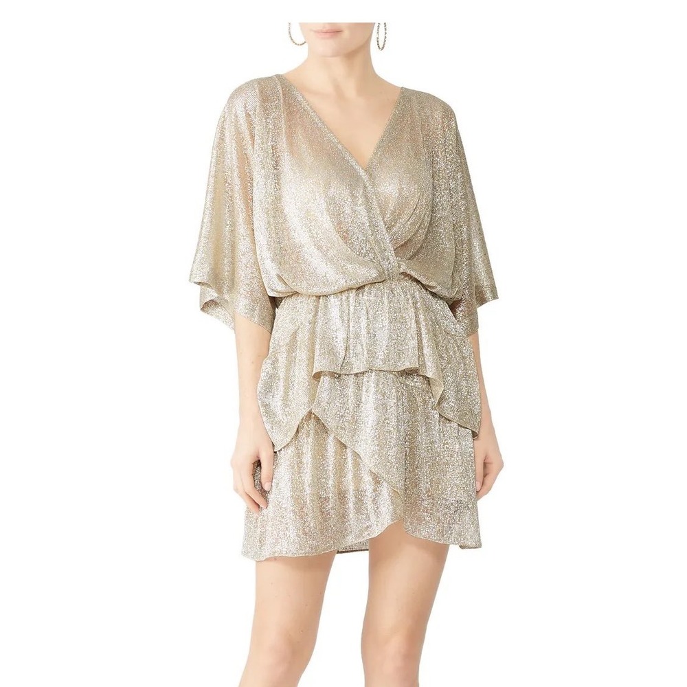 IRO Sheer Gold Wide Dress Womens 2 Cream Metallic Ruffle Mini Boho Luxe Cocktail